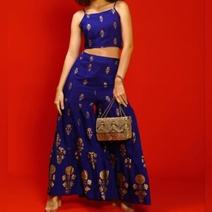 Elegant Royal Blue & Gold Ethnic Co-ord Set (Size Large).  Crop top & Palazzo